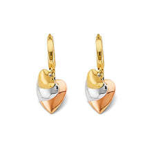 Load image into Gallery viewer, 14K Tri Color Gold Hanging Hearts Huggies Earrings