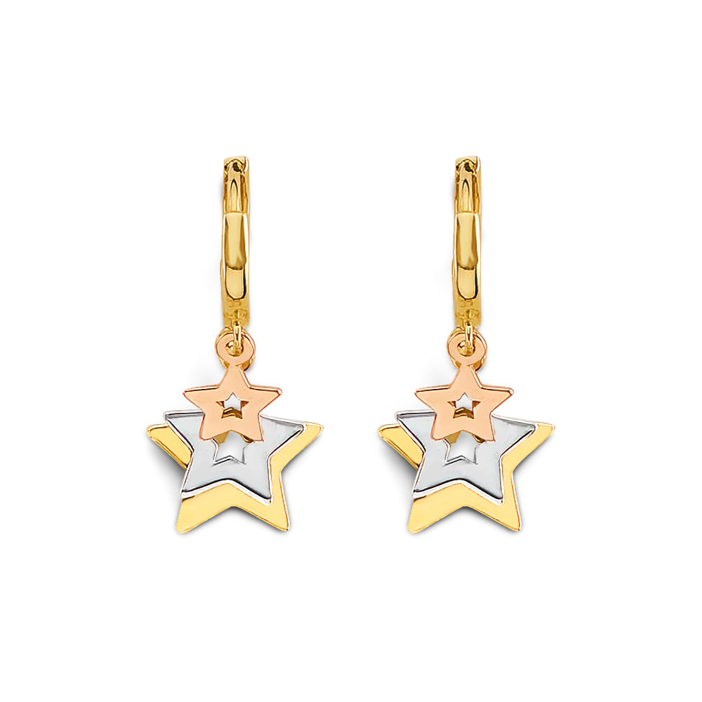 14K Tri Color Gold Hanging Stars Huggies Earrings