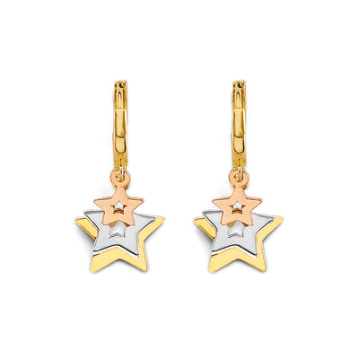 14K Tri Color Gold Hanging Stars Huggies Earrings