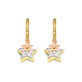 14K Tri Color Gold Hanging Stars Huggies Earrings