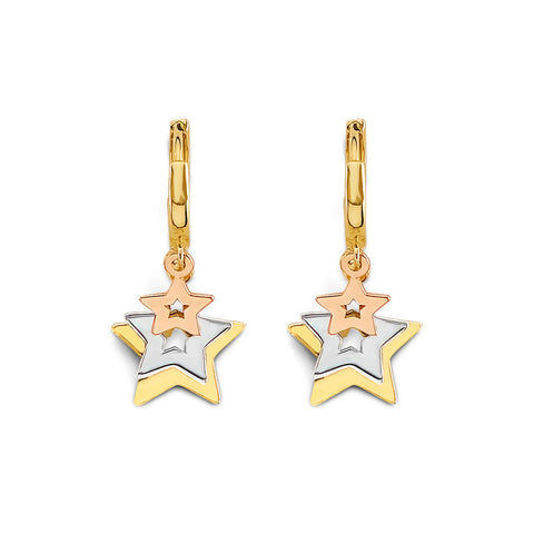 14K Tri Color Gold Hanging Stars Huggies Earrings