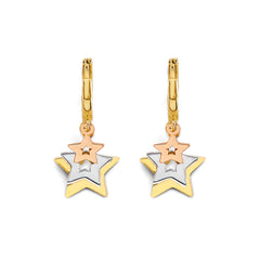 14K Tri Color Gold Hanging Stars Huggies Earrings