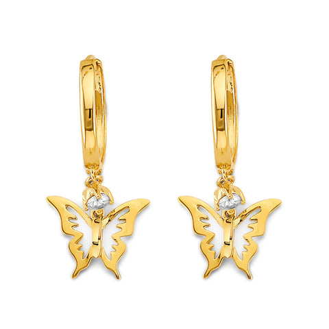 14K Yellow Gold CZ Hanging Butterfly Huggies Earrings