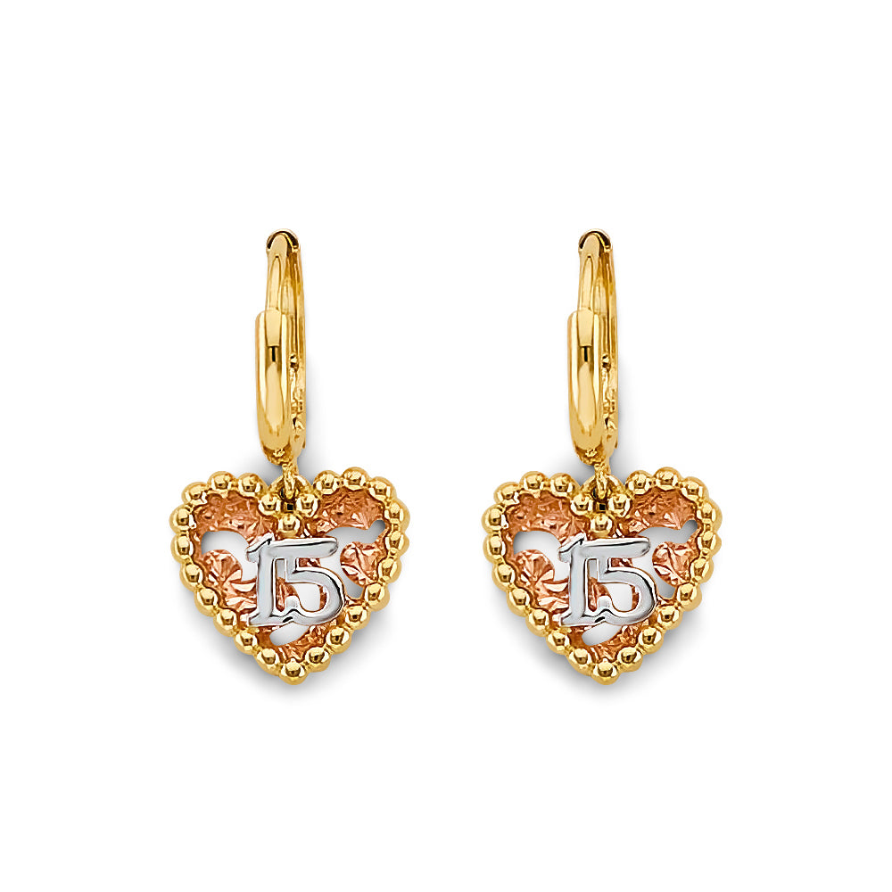 14K Tri Color Gold Heart 15 Years Huggies Earrings