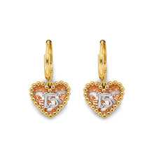 Load image into Gallery viewer, 14K Tri Color Gold Heart 15 Years Huggies Earrings