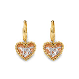 14K Tri Color Gold Heart 15 Years Huggies Earrings