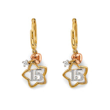 Load image into Gallery viewer, 14K Tri Color Gold CZ Star 15 Years Huggies Earrings