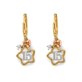 14K Tri Color Gold CZ Star 15 Years Huggies Earrings