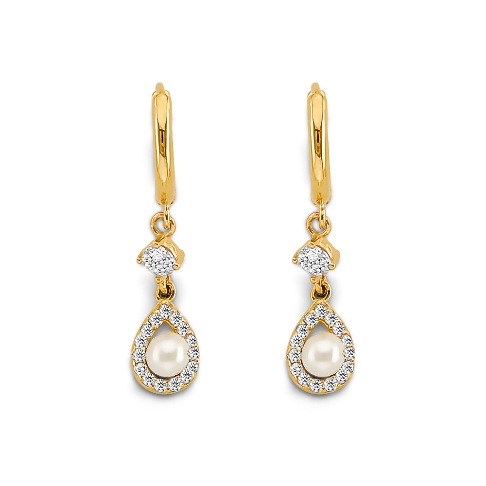 14K Yellow Gold CZ Pearl Hanging Huggies Earrings