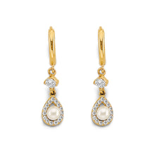 Load image into Gallery viewer, 14K Yellow Gold CZ Pearl Hanging Huggies Earrings