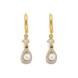 14K Yellow Gold CZ Pearl Hanging Huggies Earrings