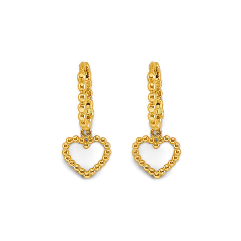 14K Yellow Gold Bead Heart Huggies Earrings