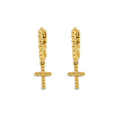 14K Yellow Gold Bead Cross Huggies Earrings