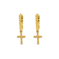 14K Yellow Gold Bead Cross Huggies Earrings