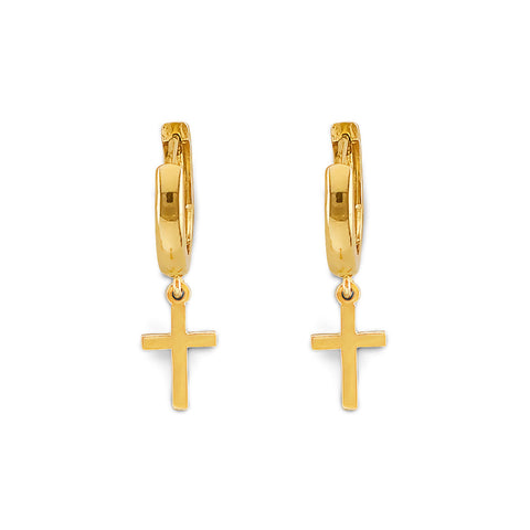 14K Yellow Gold Small Cross Huggies Earrings