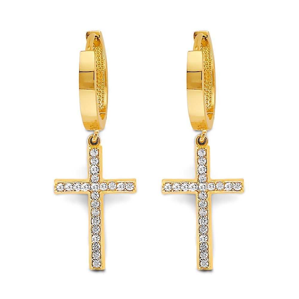 14K Two Tone Gold CZ Cross Huggies Earrings