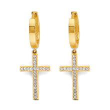 Load image into Gallery viewer, 14K Two Tone Gold CZ Cross Huggies Earrings