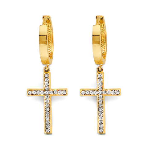 14K Two Tone Gold CZ Cross Huggies Earrings