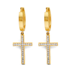 14K Two Tone Gold CZ Cross Huggies Earrings