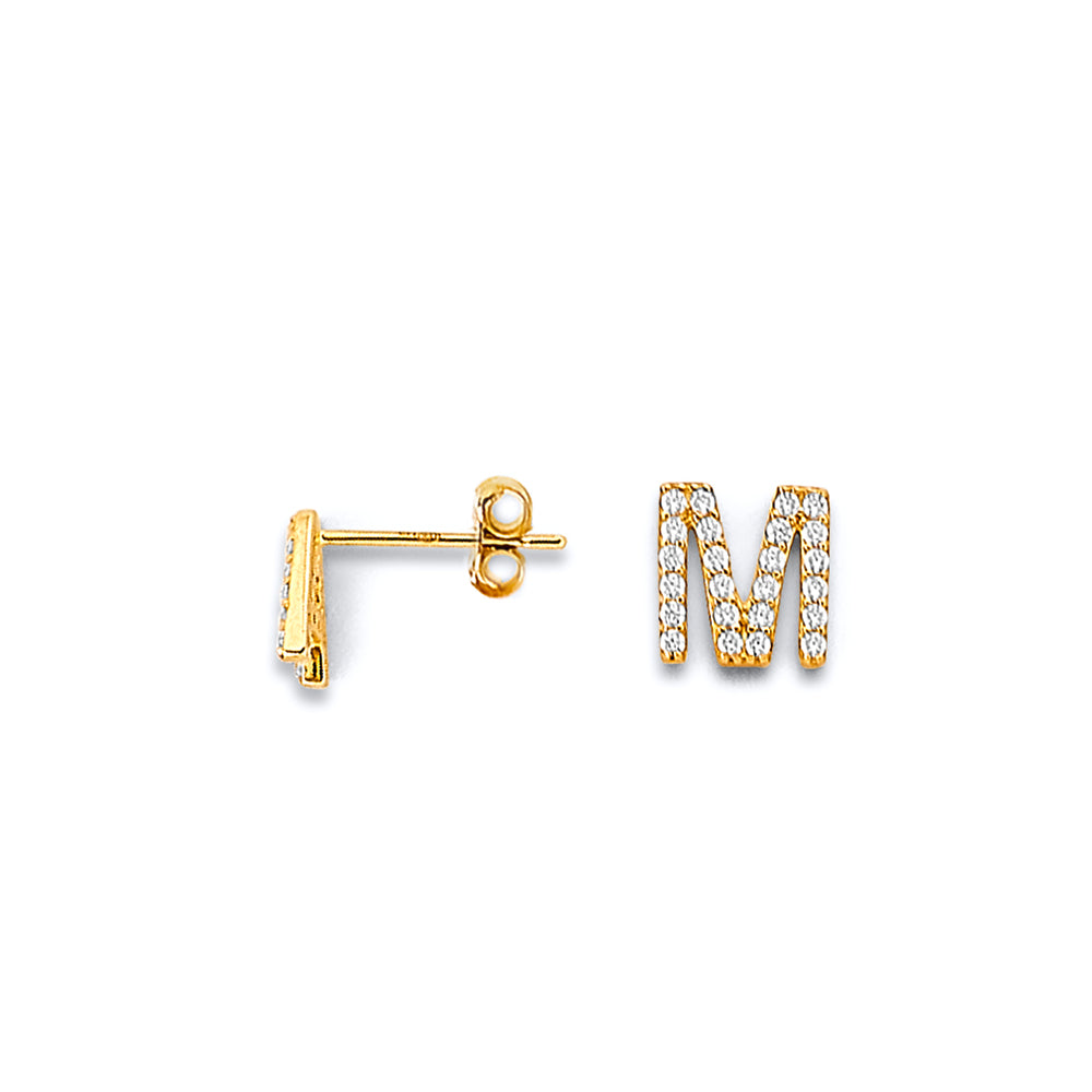 14K Two Tone Gold CZ Initial Earrings