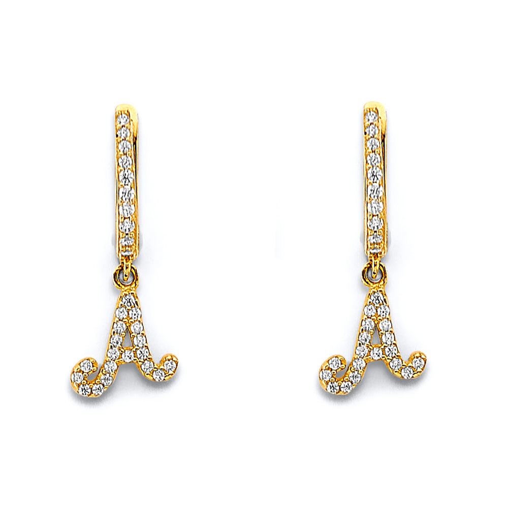 14K Two Tone Gold CZ Hanging Initial Huggies Earrings