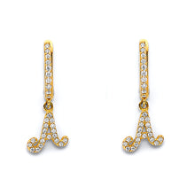 Load image into Gallery viewer, 14K Two Tone Gold CZ Hanging Initial Huggies Earrings