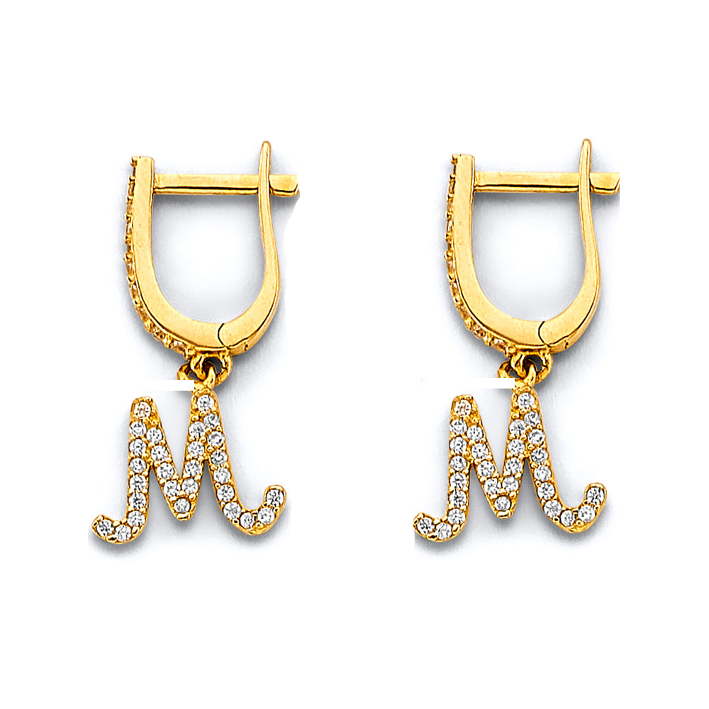 14K Two Tone Gold CZ Hanging Initial Huggies Earrings