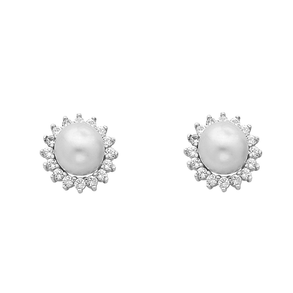 14K White Gold CZ Pearl Earrings