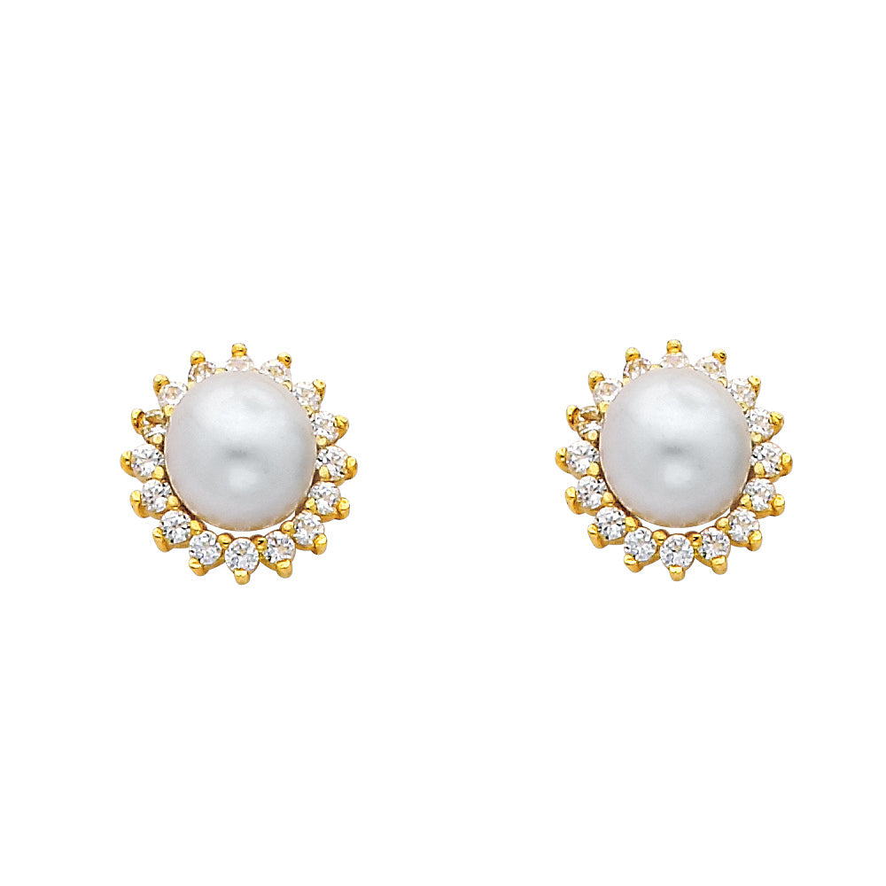 14K Yellow Gold CZ Pearl Earrings