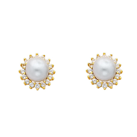 14K Yellow Gold CZ Pearl Earrings