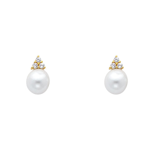 14K Yellow Gold CZ Round Pearl Earrings