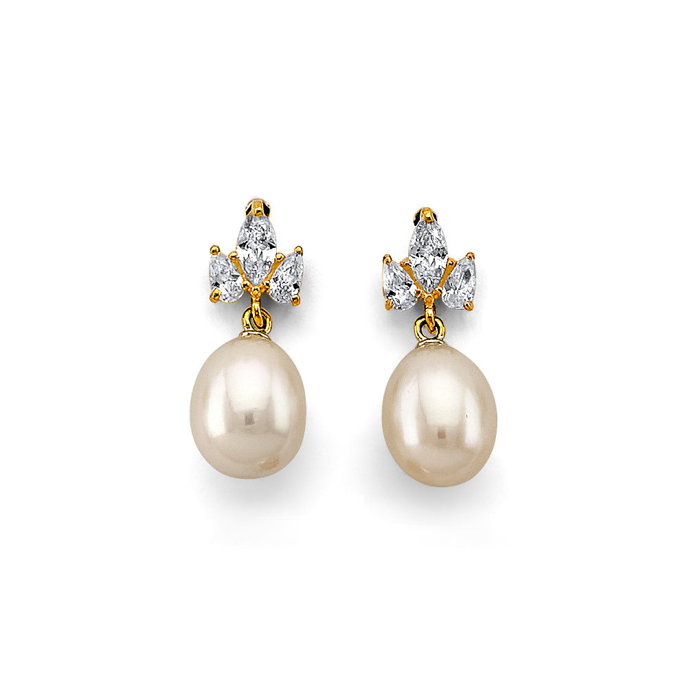 14K Yellow Gold CZ Drop Pearl Earrings