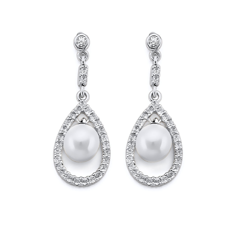 14K White Gold CZ Hanging Pearl Earrings