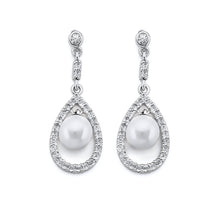 Load image into Gallery viewer, 14K White Gold CZ Hanging Pearl Earrings