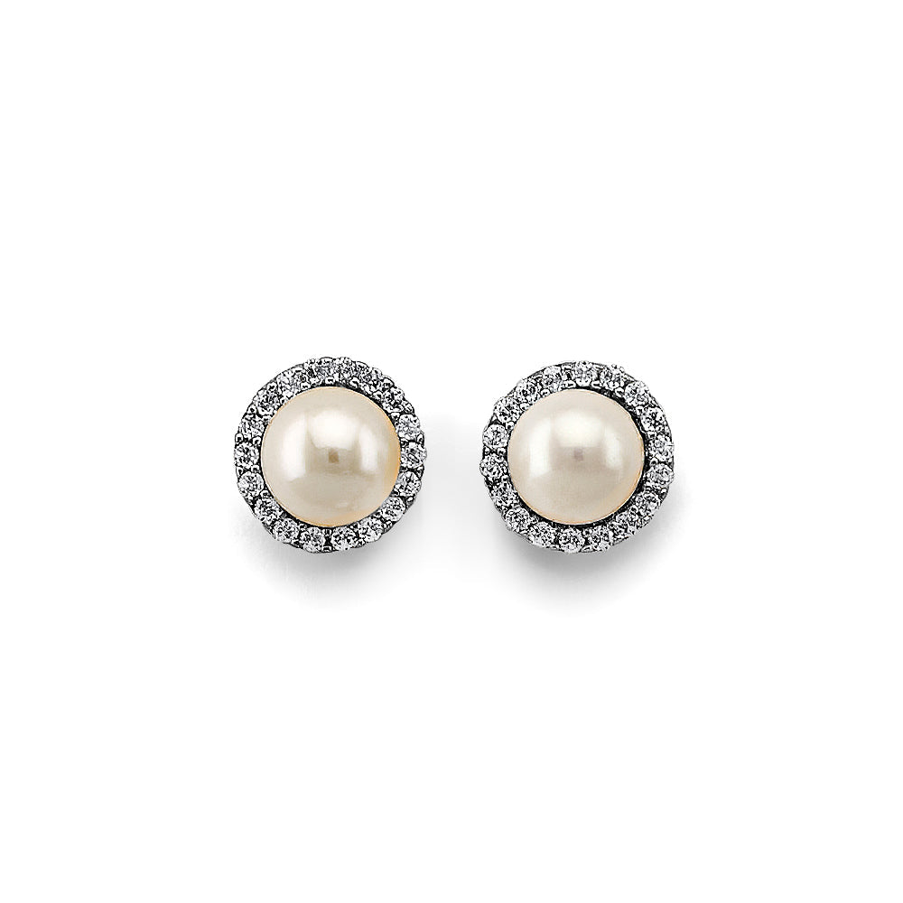 14K White Gold CZ Round Pearl Earrings