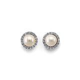 14K White Gold CZ Round Pearl Earrings