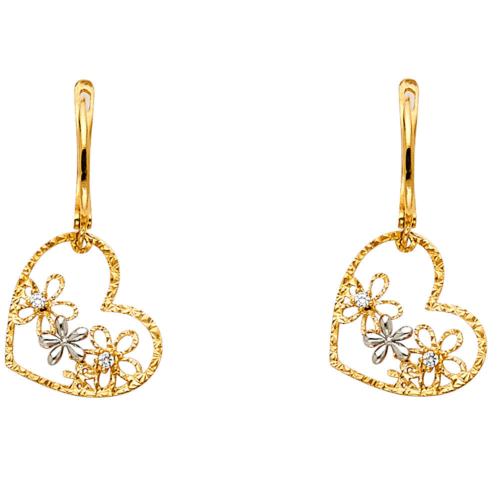 14K Two Tone Gold CZ Heart And Flower Hoop Earrings