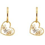 14K Two Tone Gold CZ Heart And Flower Hoop Earrings