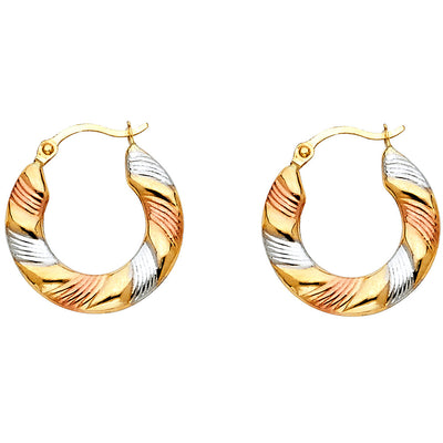 14K Tri Color Gold Fancy Hollow Hoop Earrings