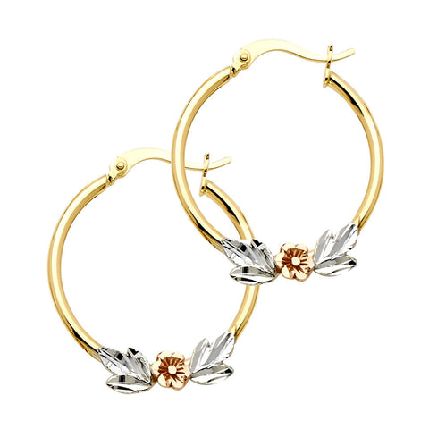 14K Tri Color Gold Flower Hoop Earrings