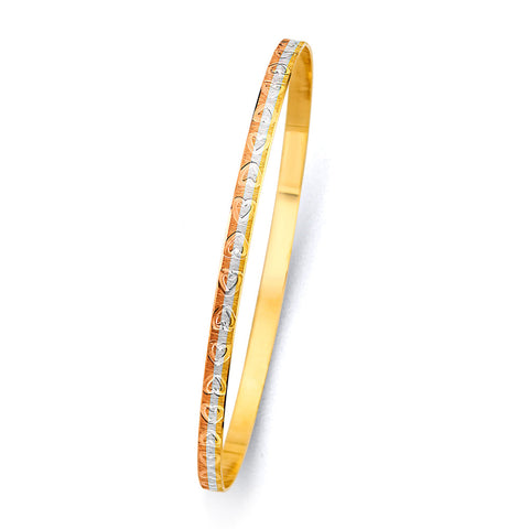 14K Tri Color Gold 3.5mm Heart Solid Bangle