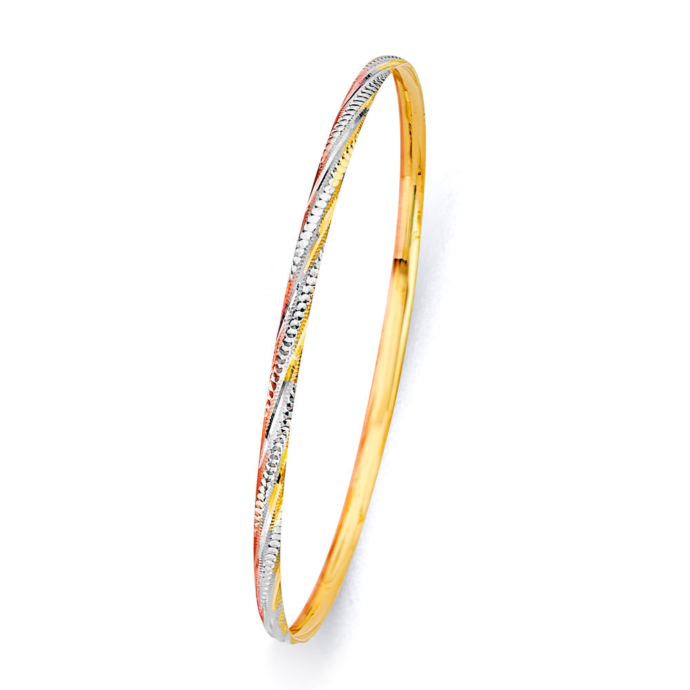 14K Tri Color Gold Concave Half Dome 3.0mm Solid Bangle