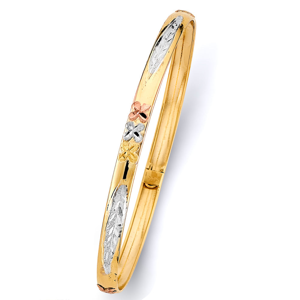 14K Tri Color Gold 5mm Flexible Bangle With Flower