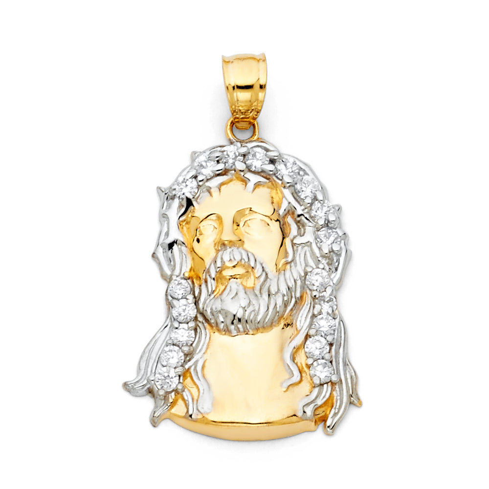 14K Two Tone Gold 20mm CZ Jesus Christ Head Pendant