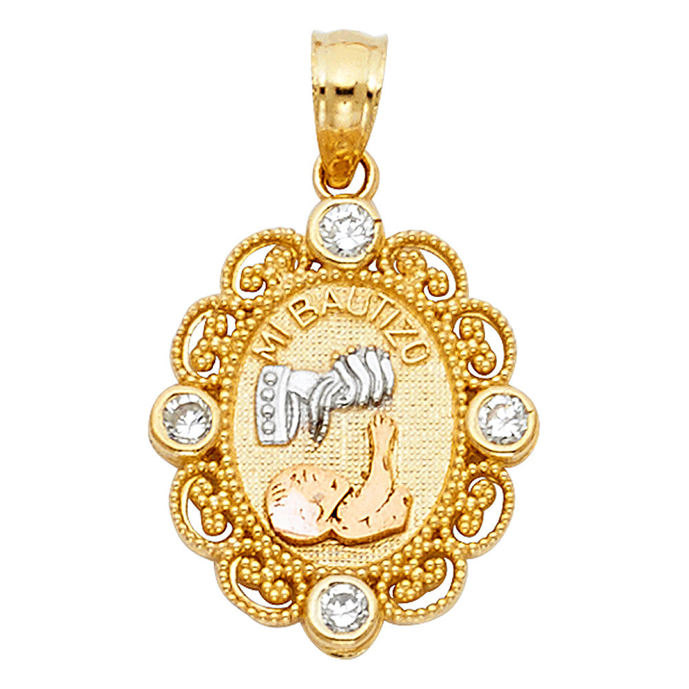 14K Tri Color Gold CZ Baptism Pendant