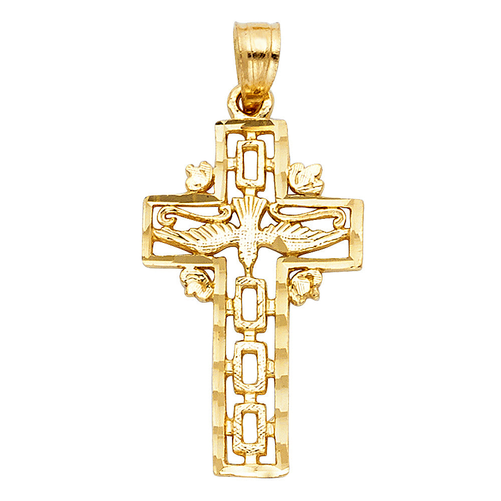 14K Yellow Gold Cross With Holy Spirit Dove Pendant