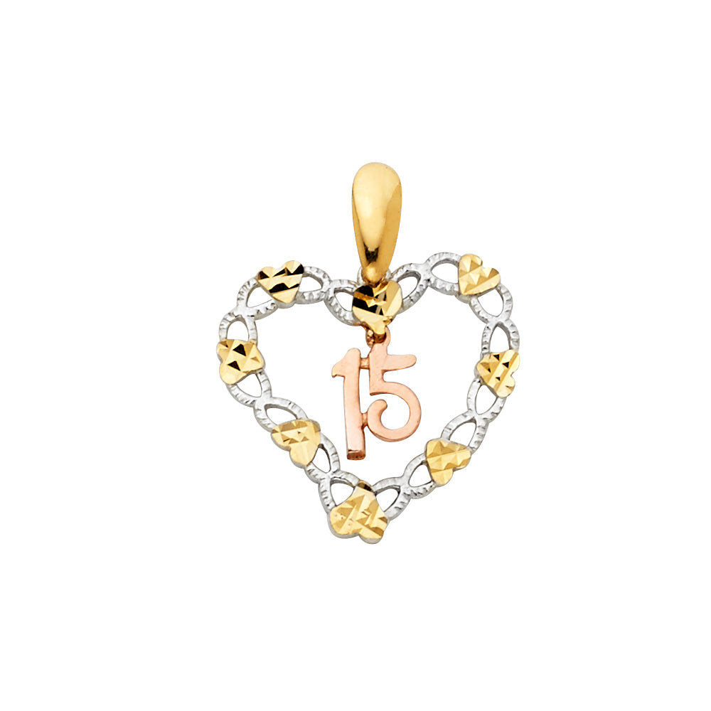 14K Tri Color Gold 15 Years Heart Pendant