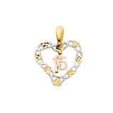 14K Tri Color Gold 15 Years Heart Pendant