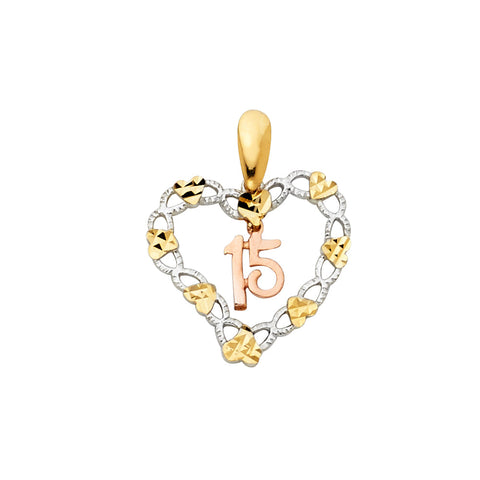 14K Tri Color Gold 15 Years Heart Pendant