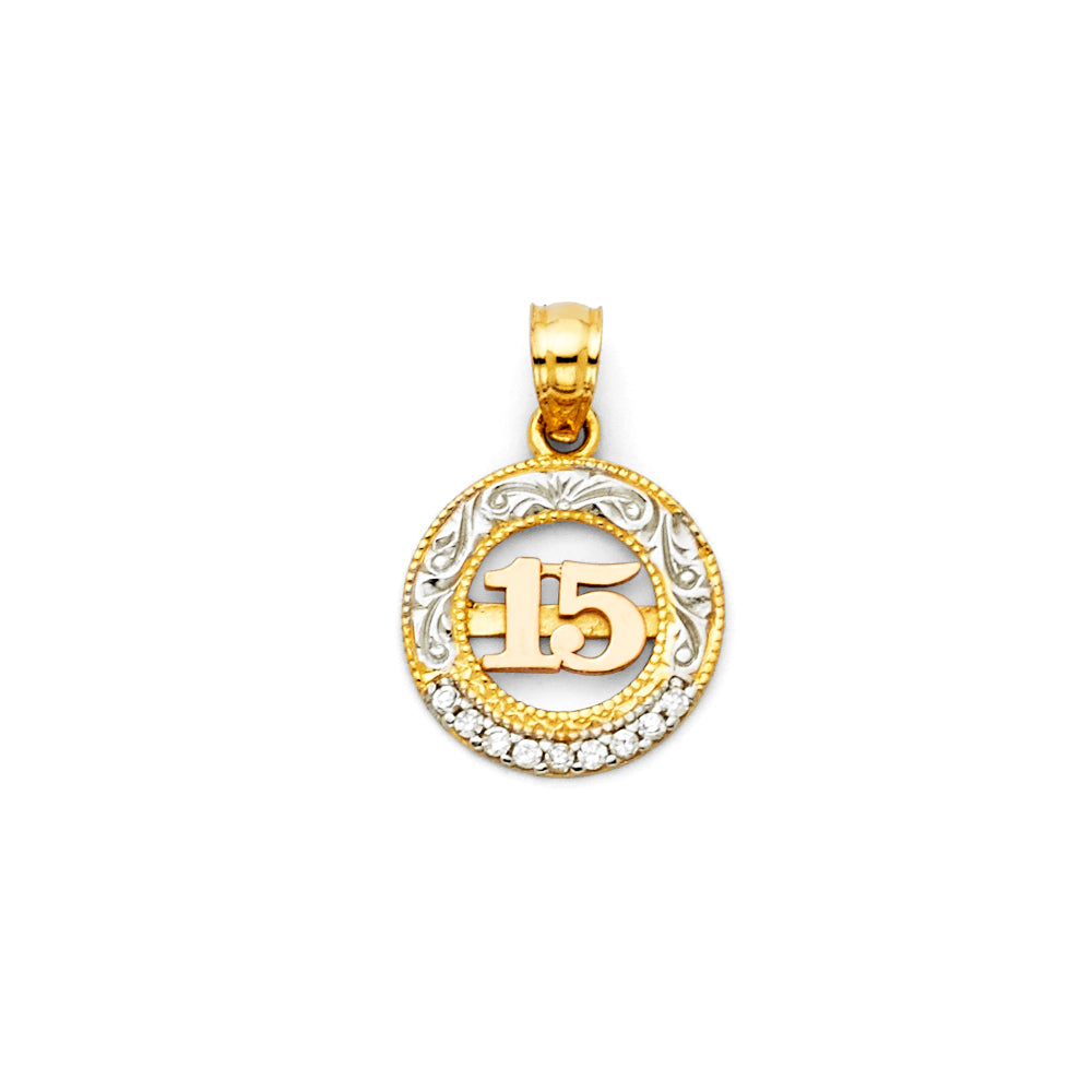 14K Tri Color Gold CZ 15 Years Pendant